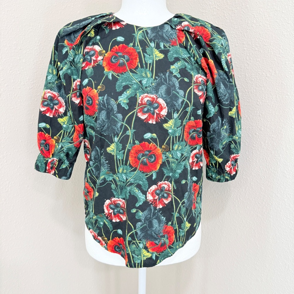 H&M Poppy Floral Blouse Size 4 Black Red Puff Sleeves Garden Floral Teacher